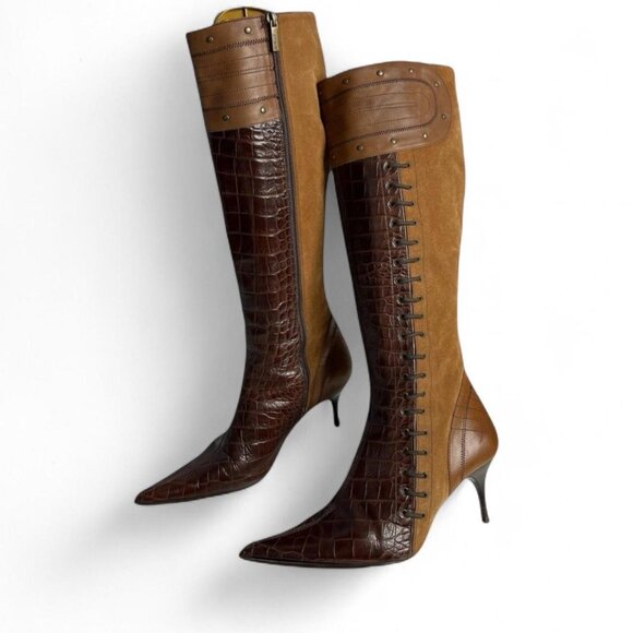 Just Cavalli Shoes - Vintage Avant Garde Just Cavalli Leather Knee High Boots Brown Croc Pointed Toe